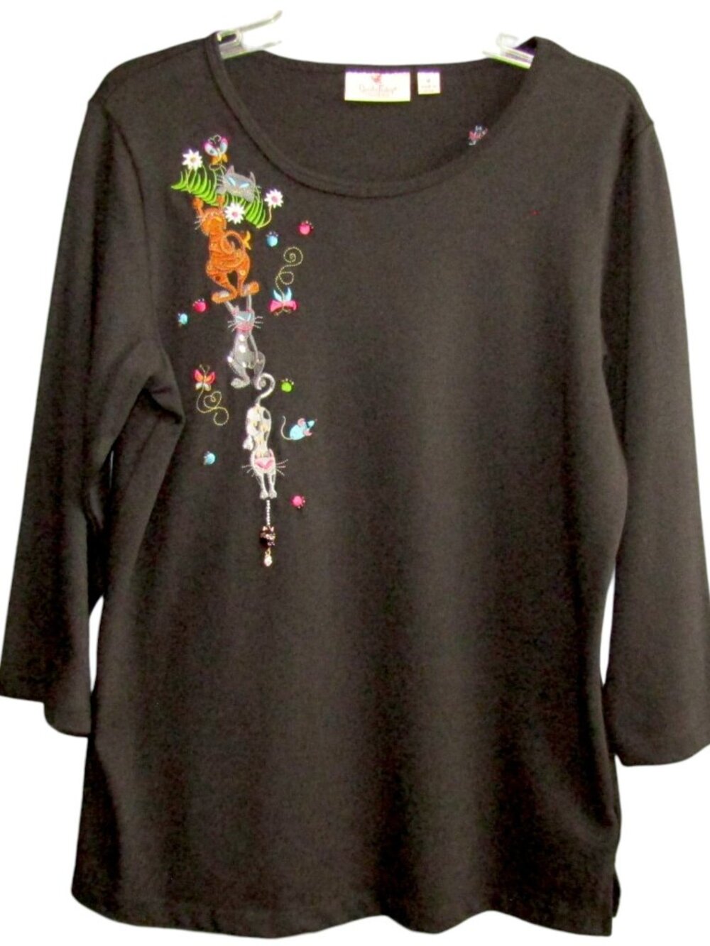 Quacker Factory Embroidered Cats Black Top Women Size M Dangle 3/4 Sleeve Cotton
